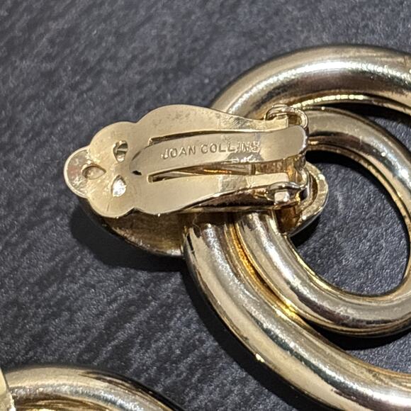 Vintage JOAN COLLINS Door Knockers Rhinestones Gold Tone Hoop Clip On Earrings - Picture 7 of 8